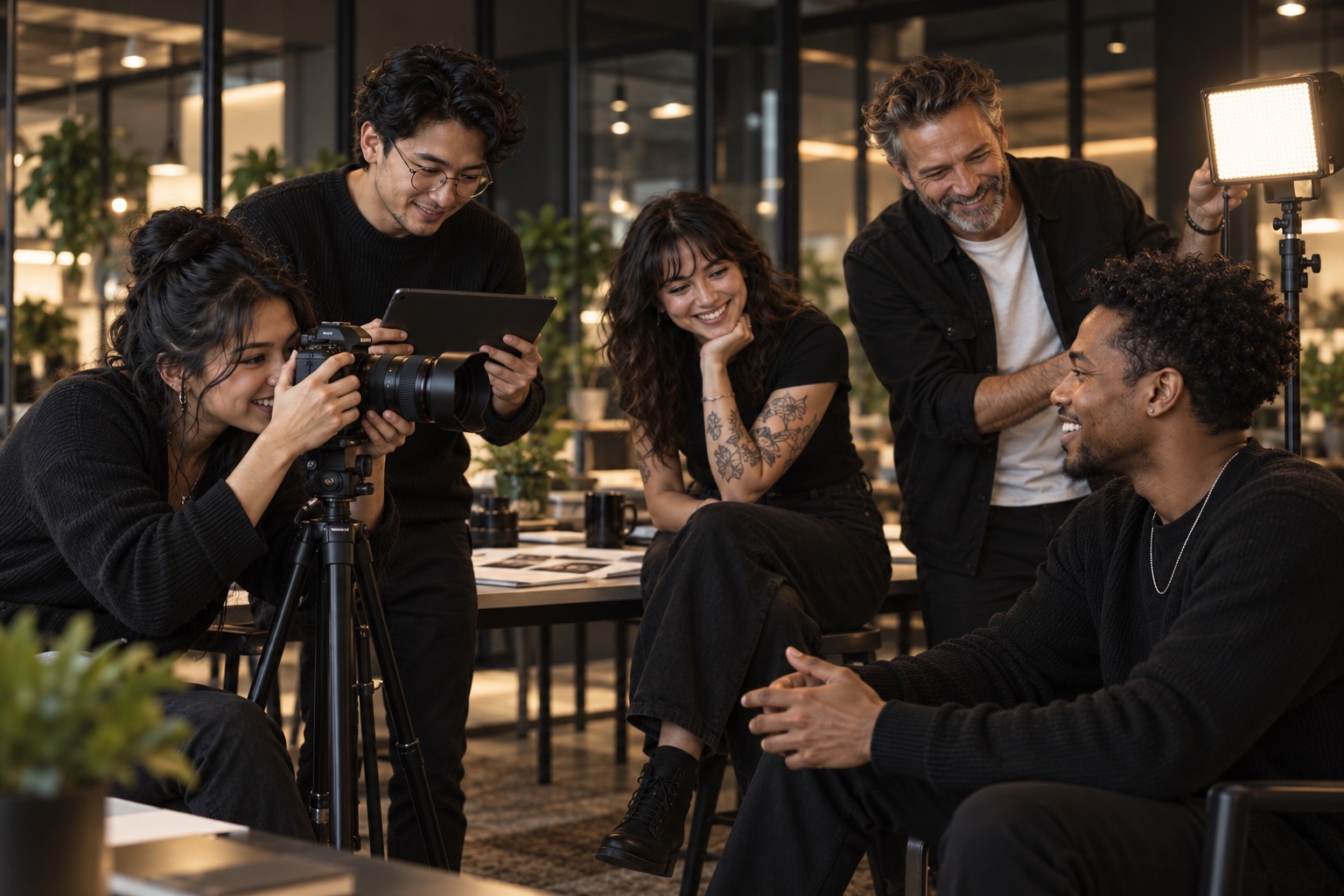 Creative colleagues filming and collaborating in the studio