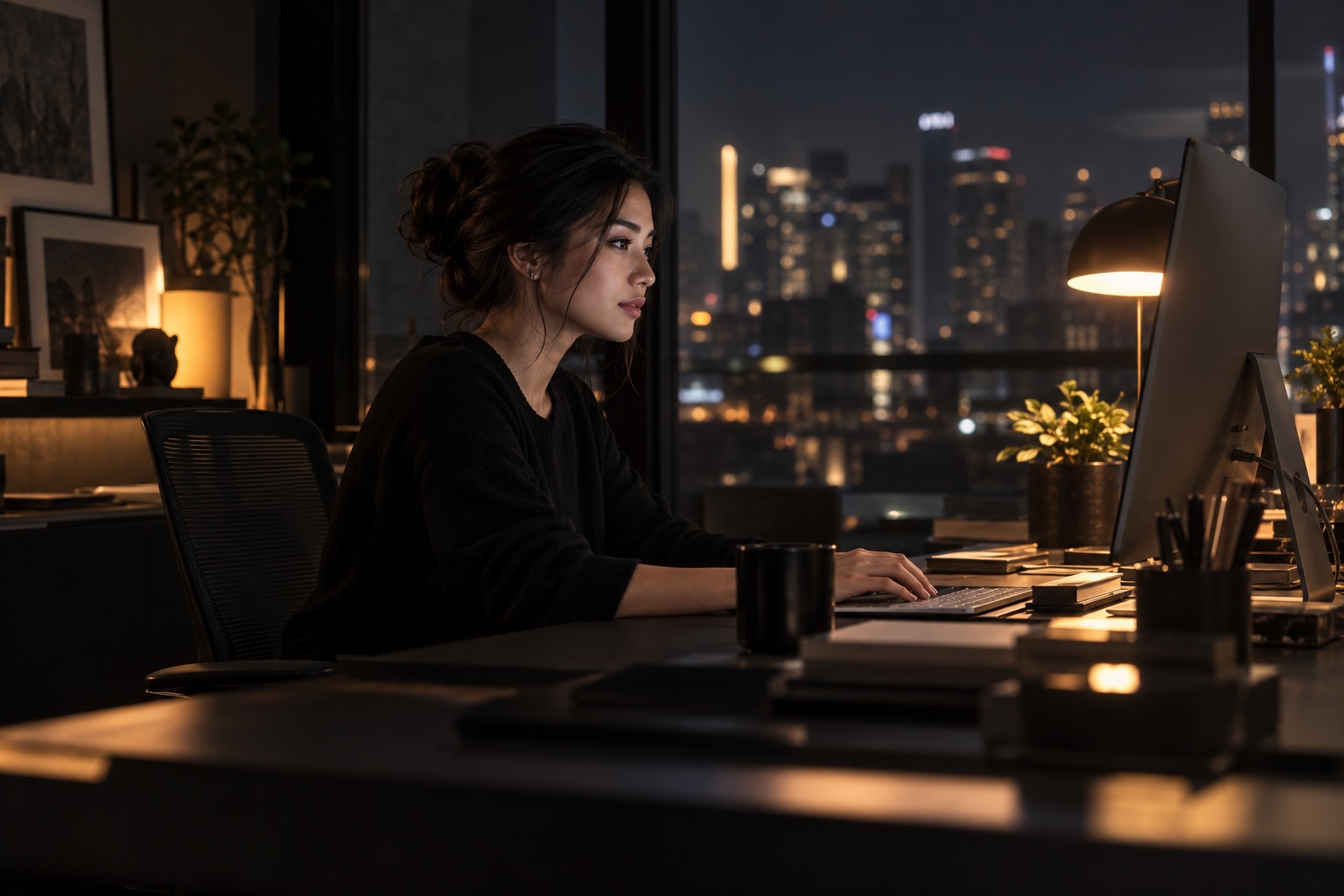 A creative professional working at a computer in a warmly lit evening studio