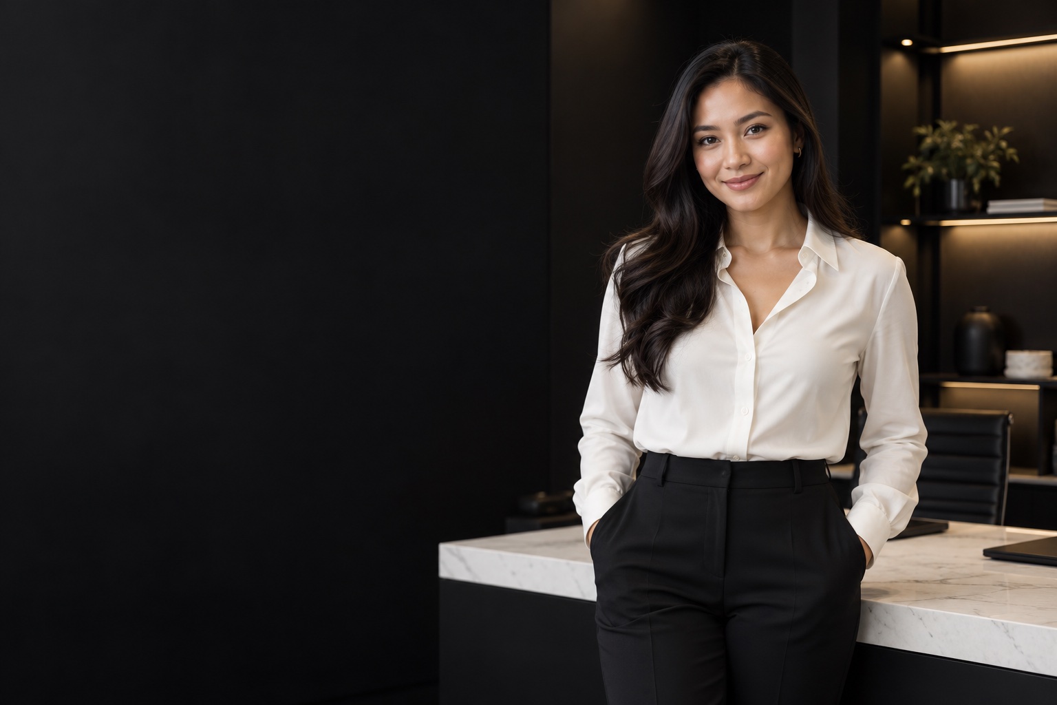Home — professional in a warm charcoal and white workspace