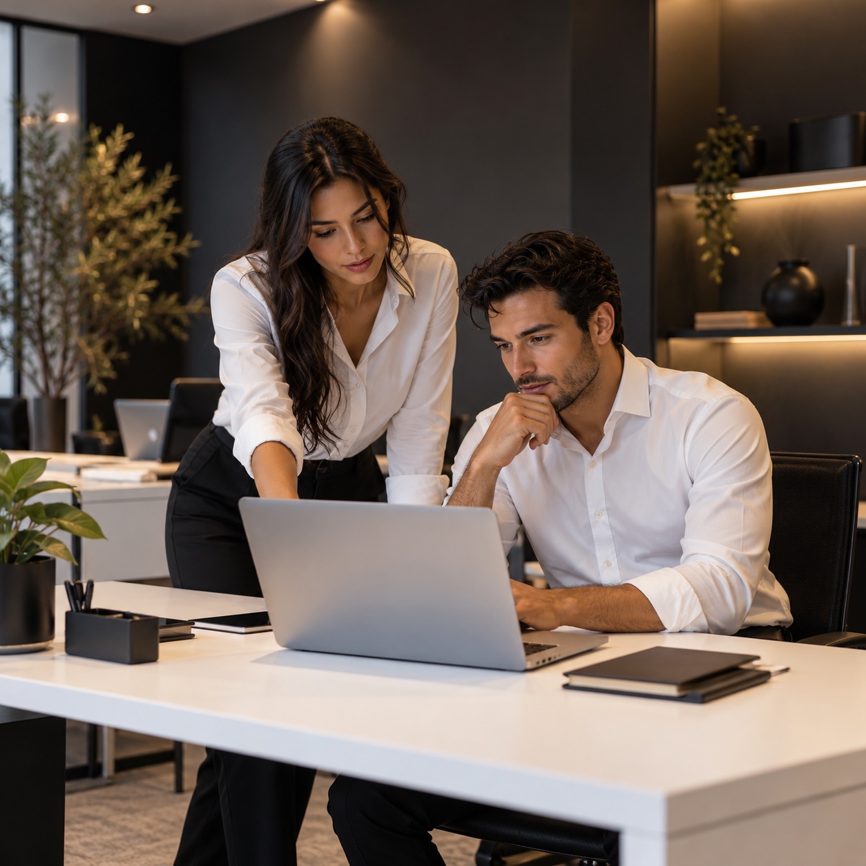 Home — professional service support in a warm charcoal and white workspace