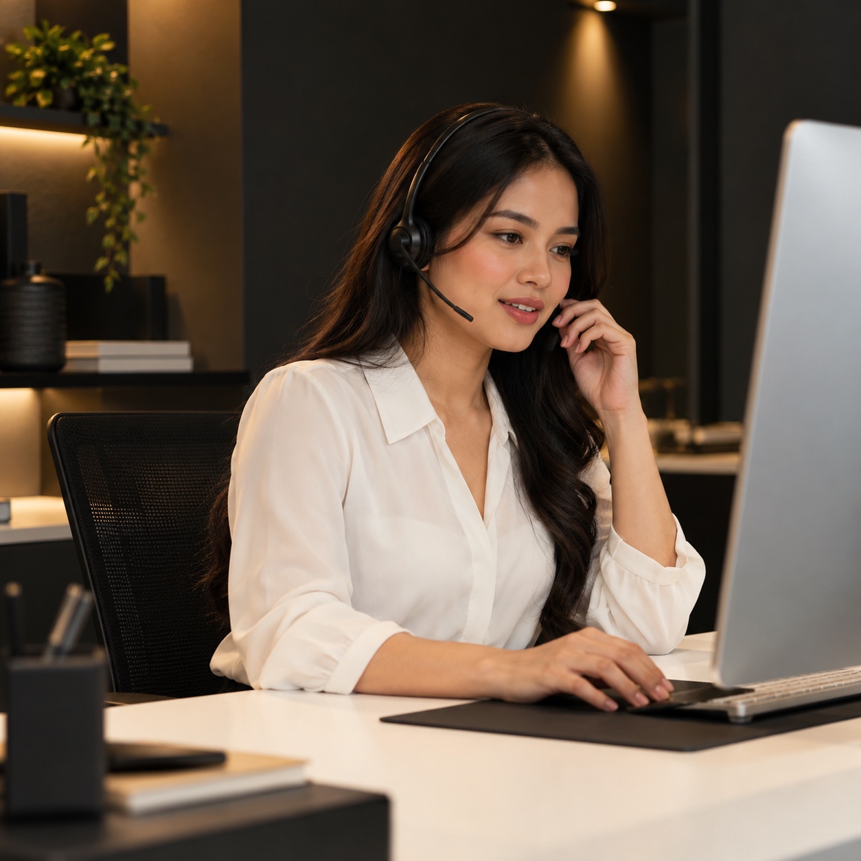 Home — professional service support in a warm charcoal and white workspace