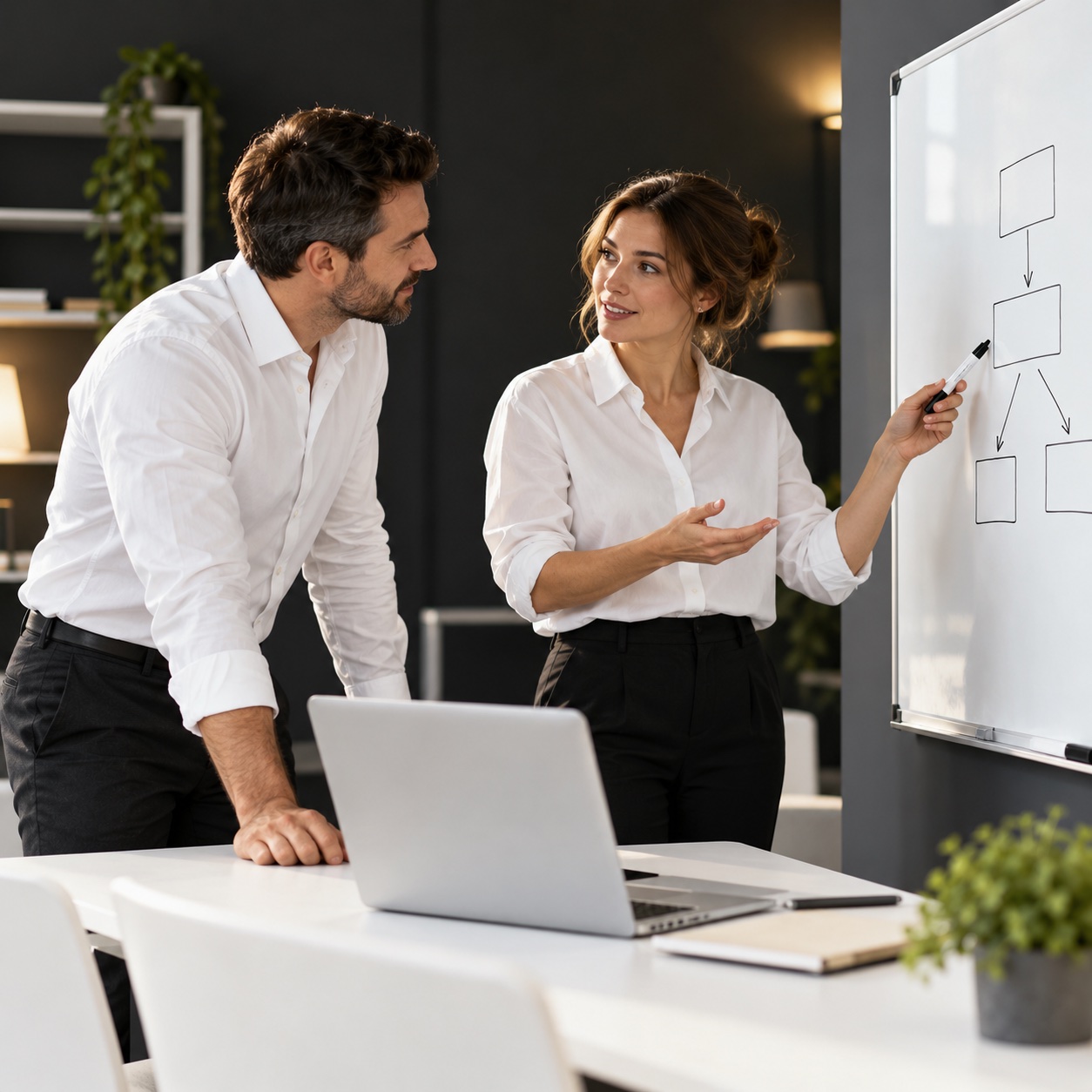 How It Works — professional service support in a warm charcoal and white workspace