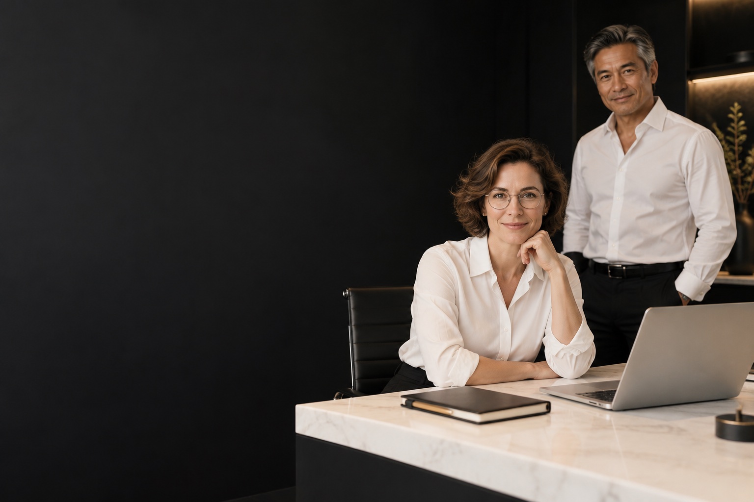 Virtual Assistants — professional in a warm charcoal and white workspace