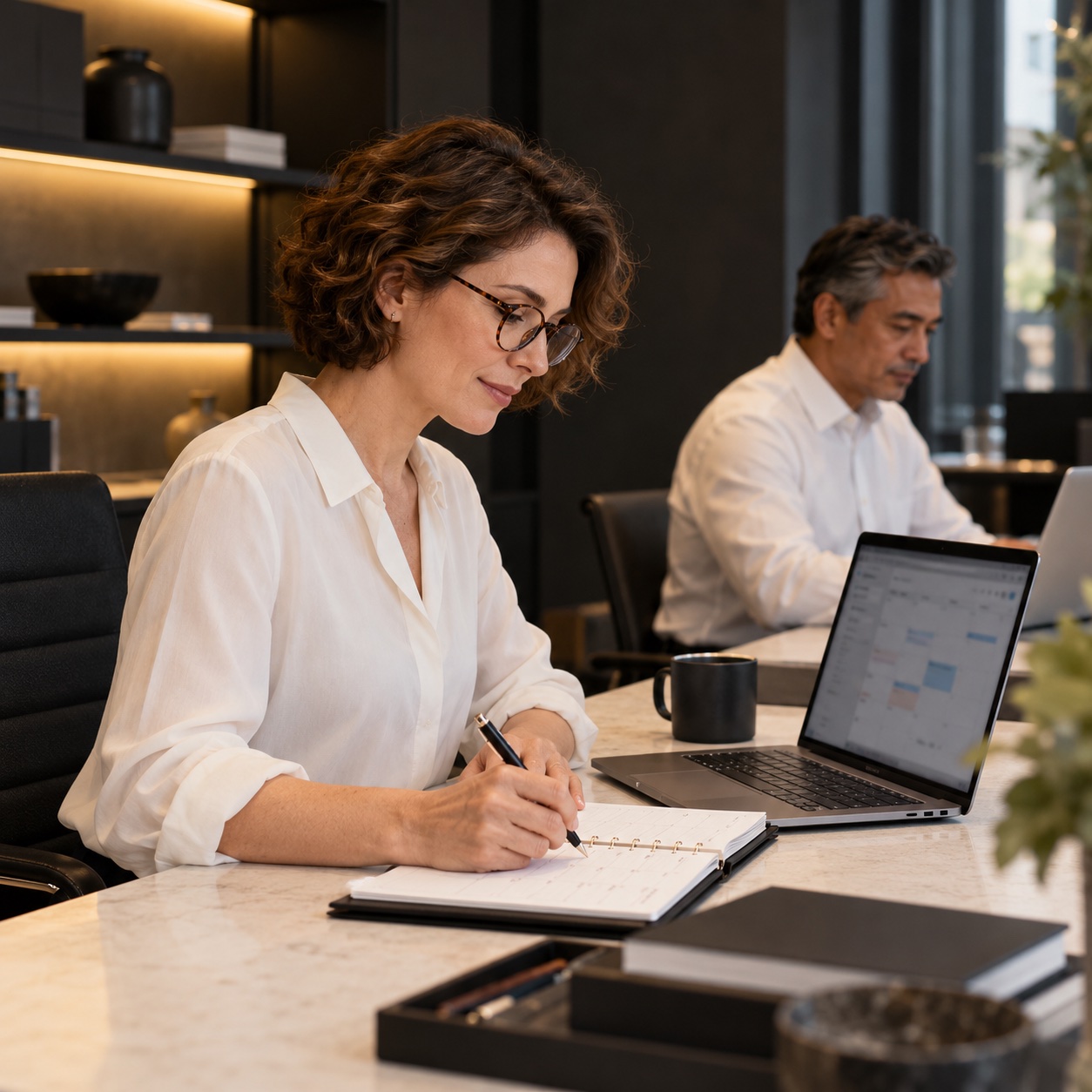 Virtual Assistants — professional service support in a warm charcoal and white workspace