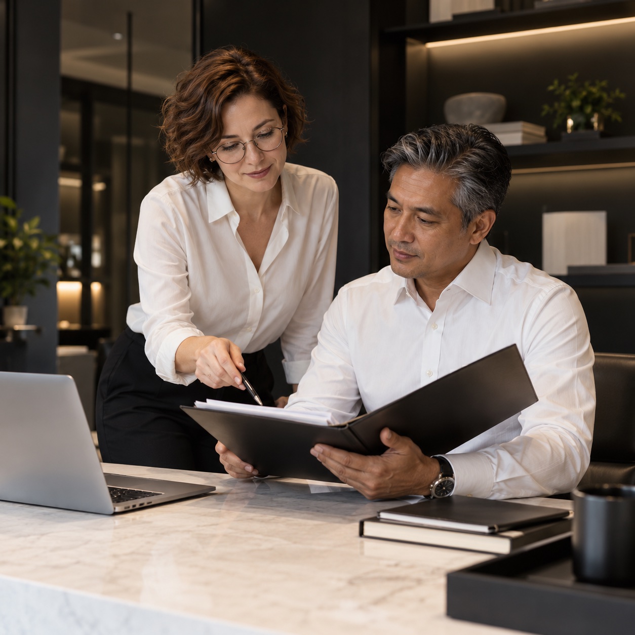 Virtual Assistants — professional service support in a warm charcoal and white workspace