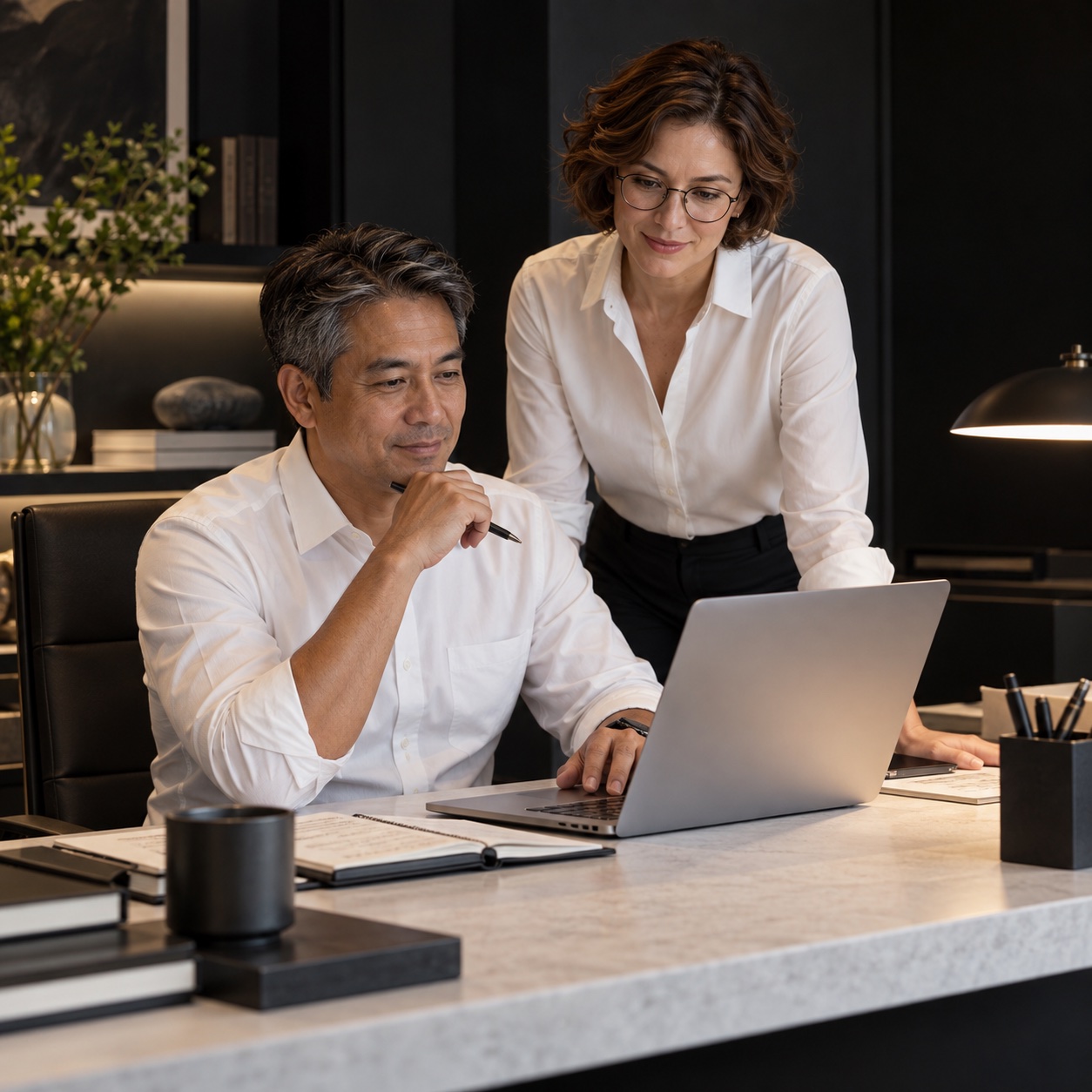 Virtual Assistants — professional service support in a warm charcoal and white workspace