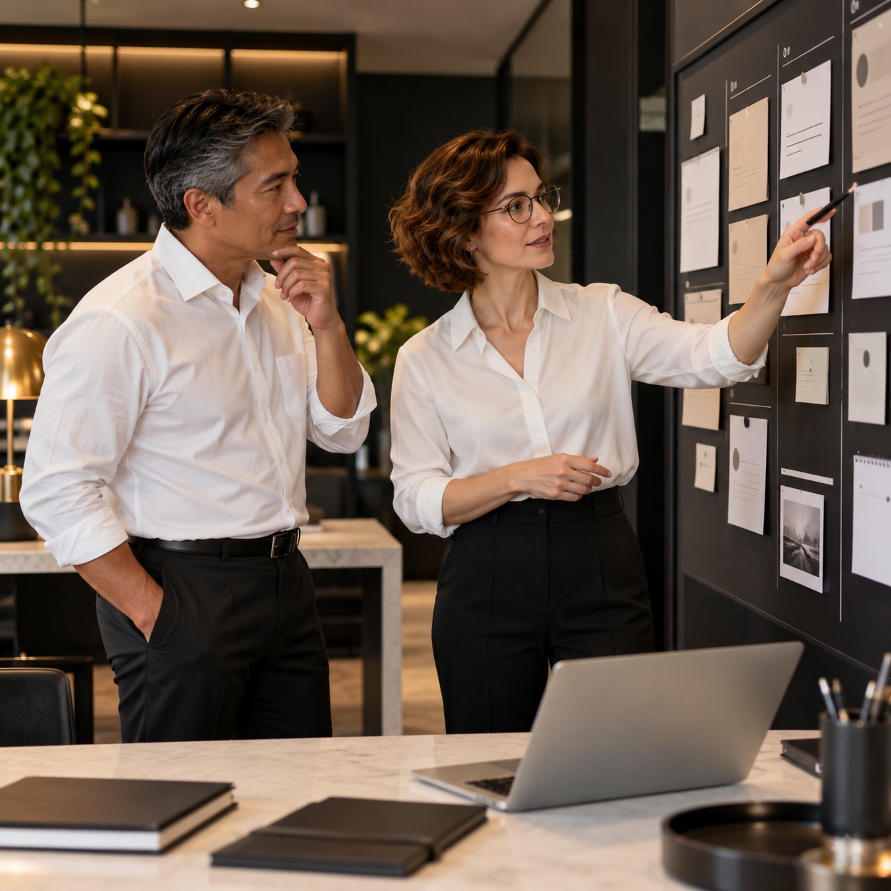 Services — professional service support in a warm charcoal and white workspace