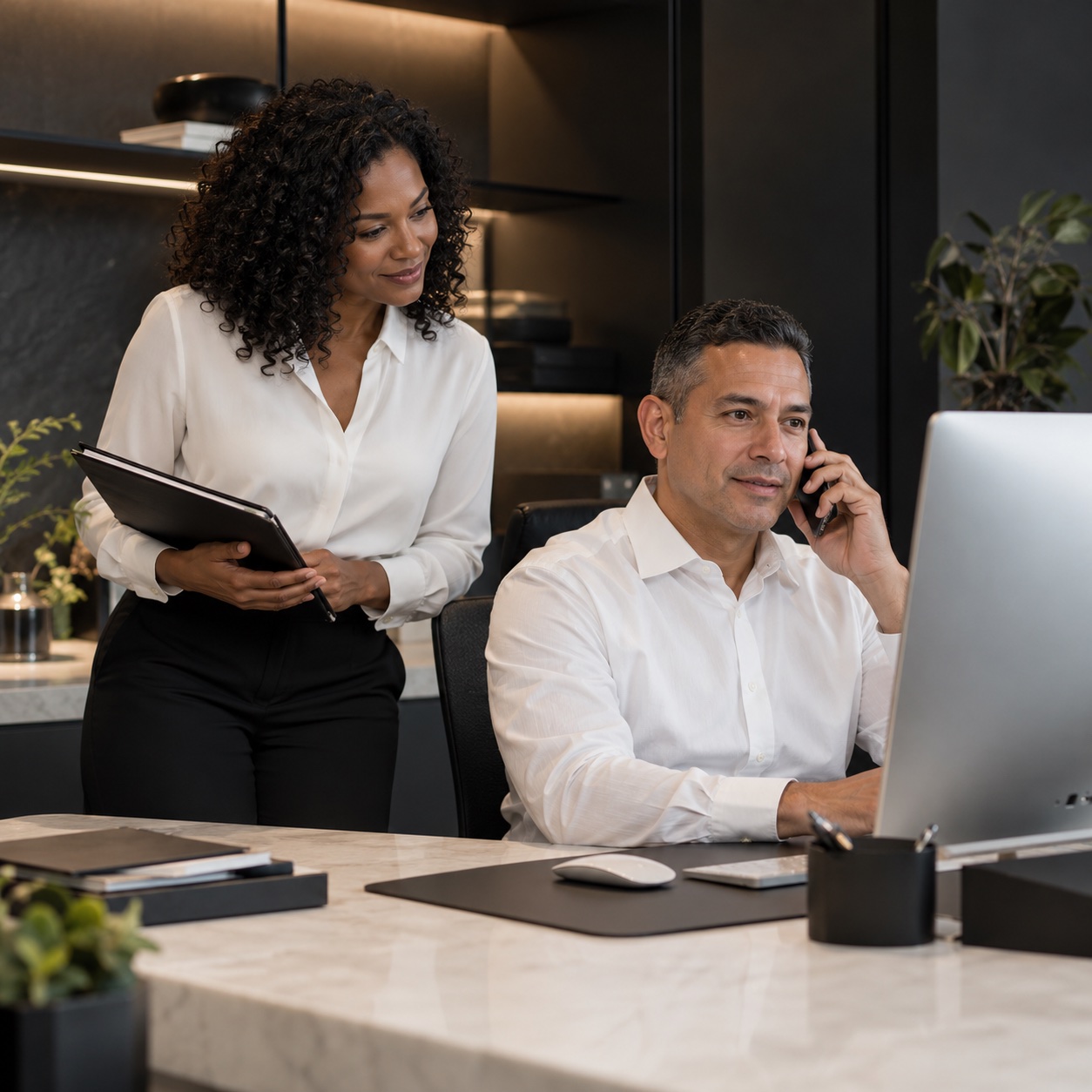 Customer Experience — professional service support in a warm charcoal and white workspace