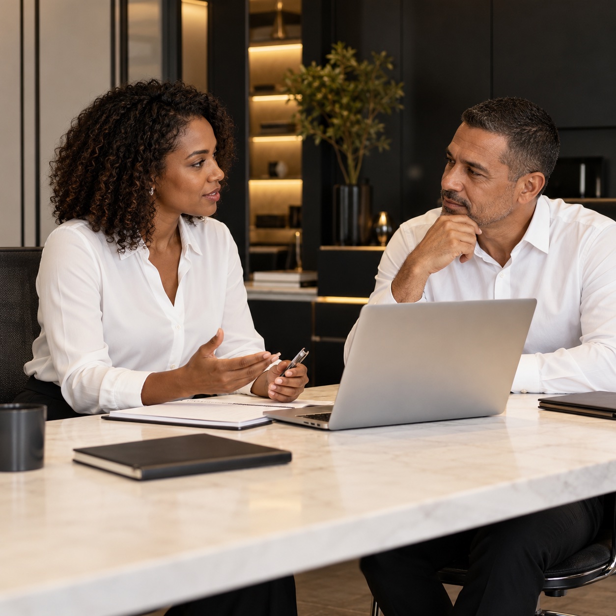 Customer Experience — professional service support in a warm charcoal and white workspace
