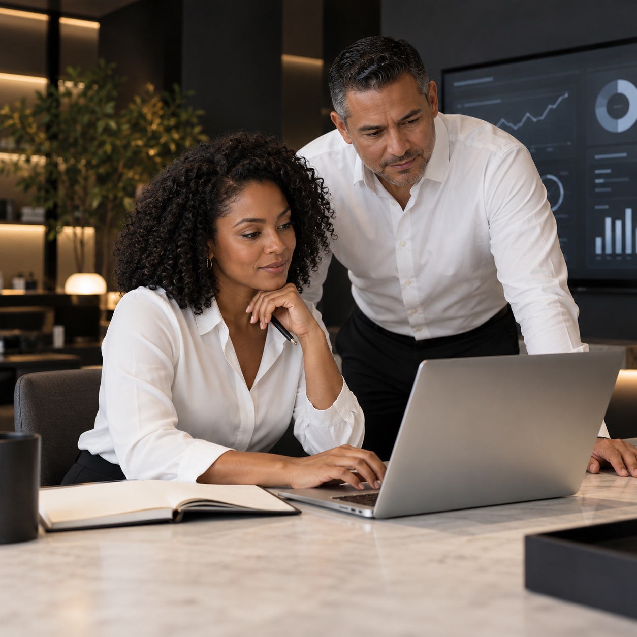Customer Experience — professional service support in a warm charcoal and white workspace