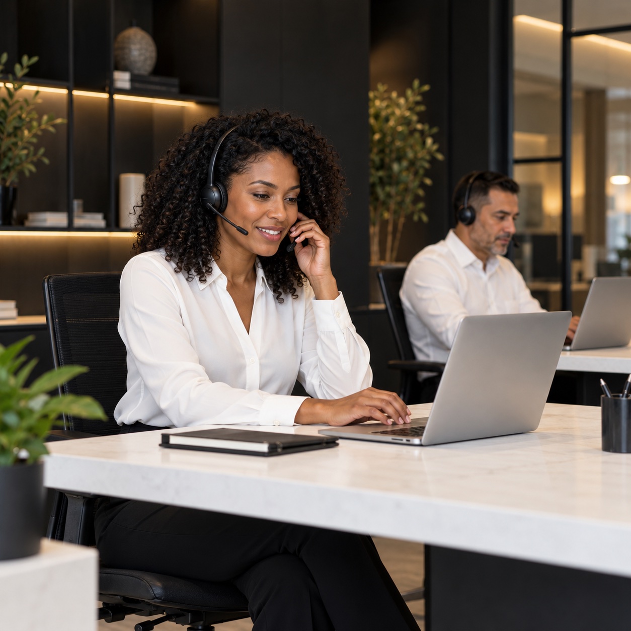 Services — professional service support in a warm charcoal and white workspace