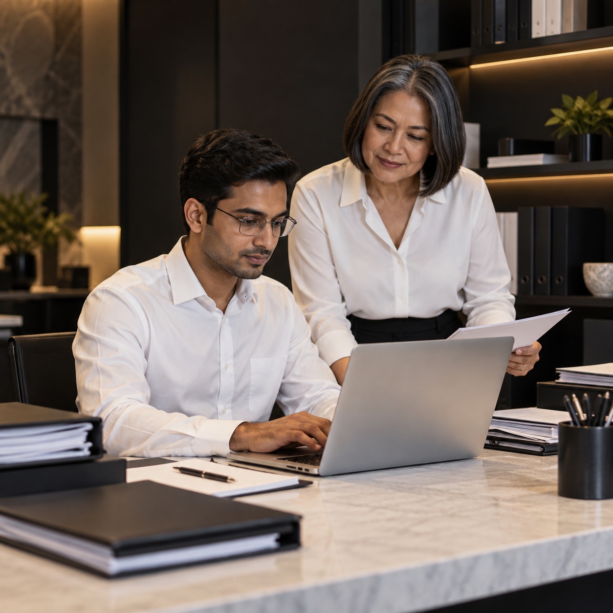 Back Office — professional service support in a warm charcoal and white workspace