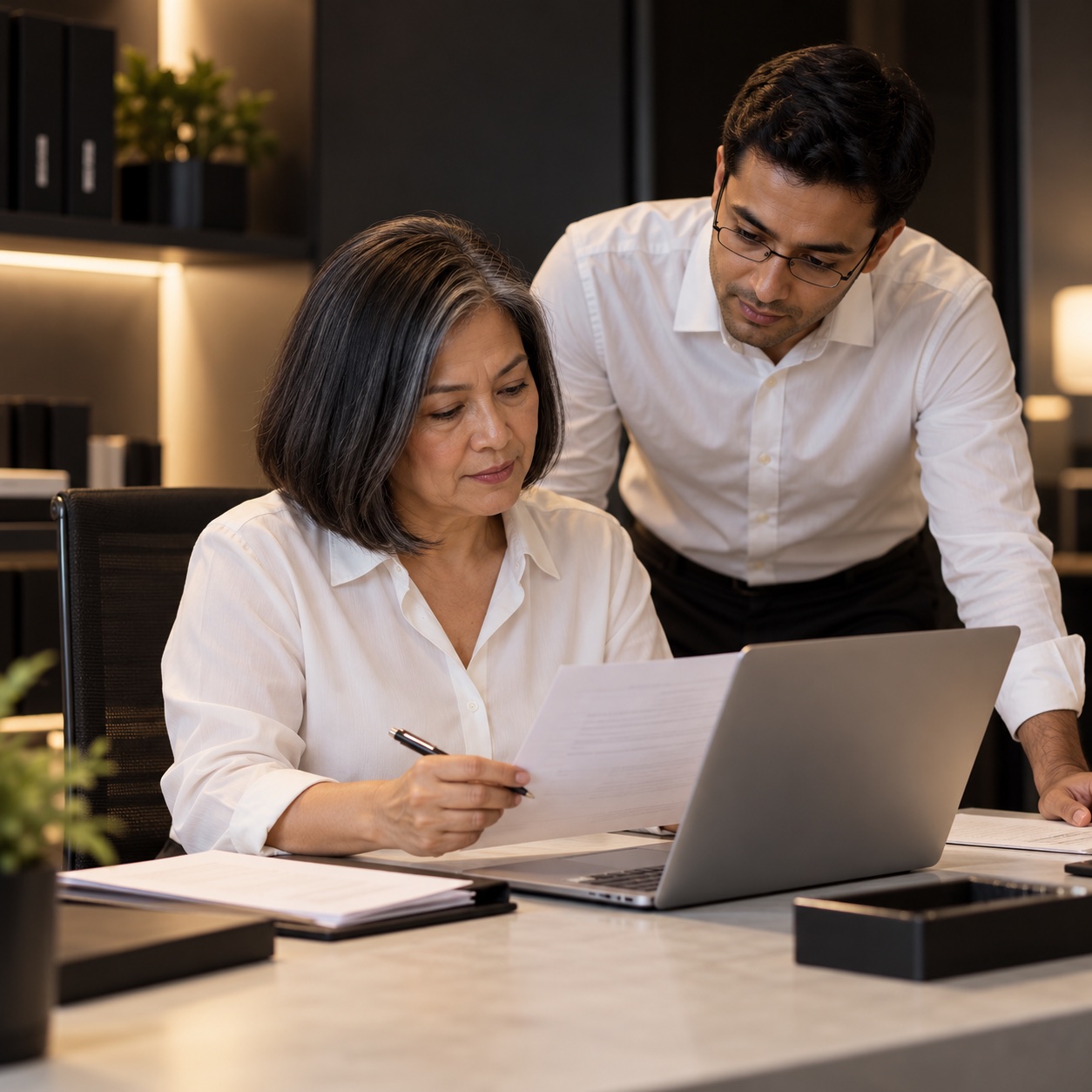 Back Office — professional service support in a warm charcoal and white workspace