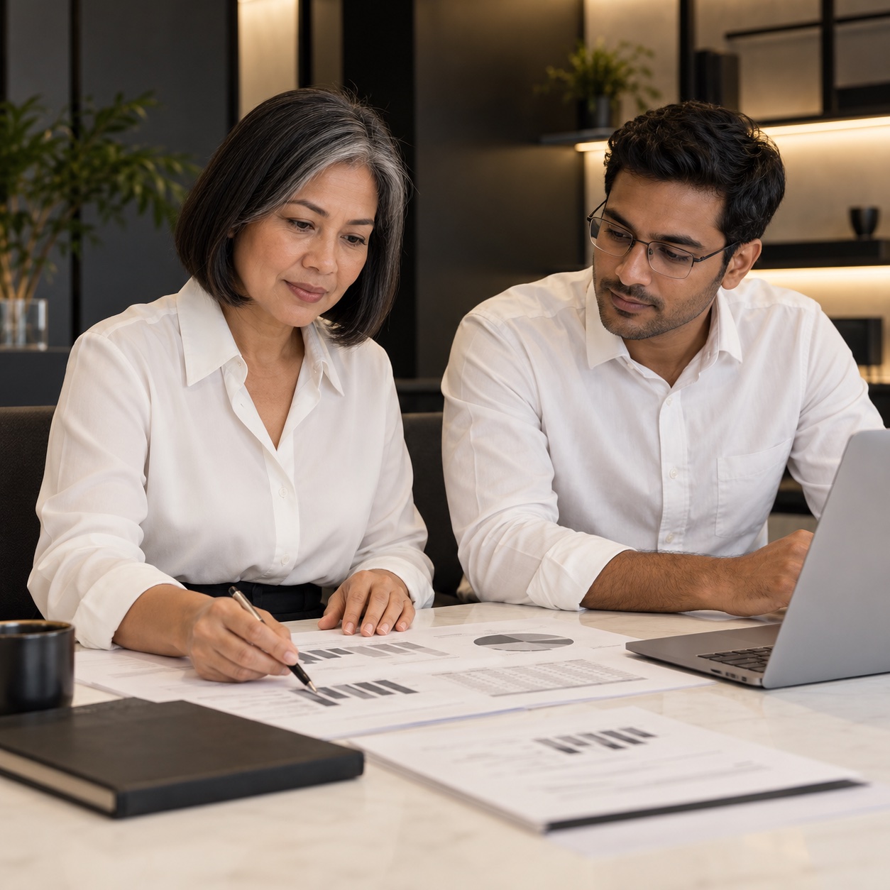 Back Office — professional service support in a warm charcoal and white workspace