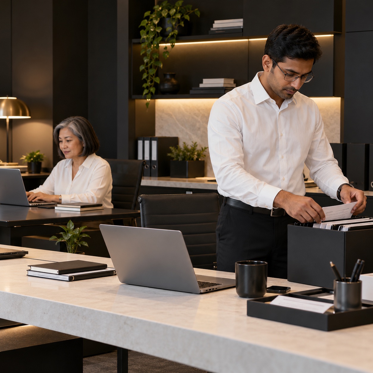 Services — professional service support in a warm charcoal and white workspace