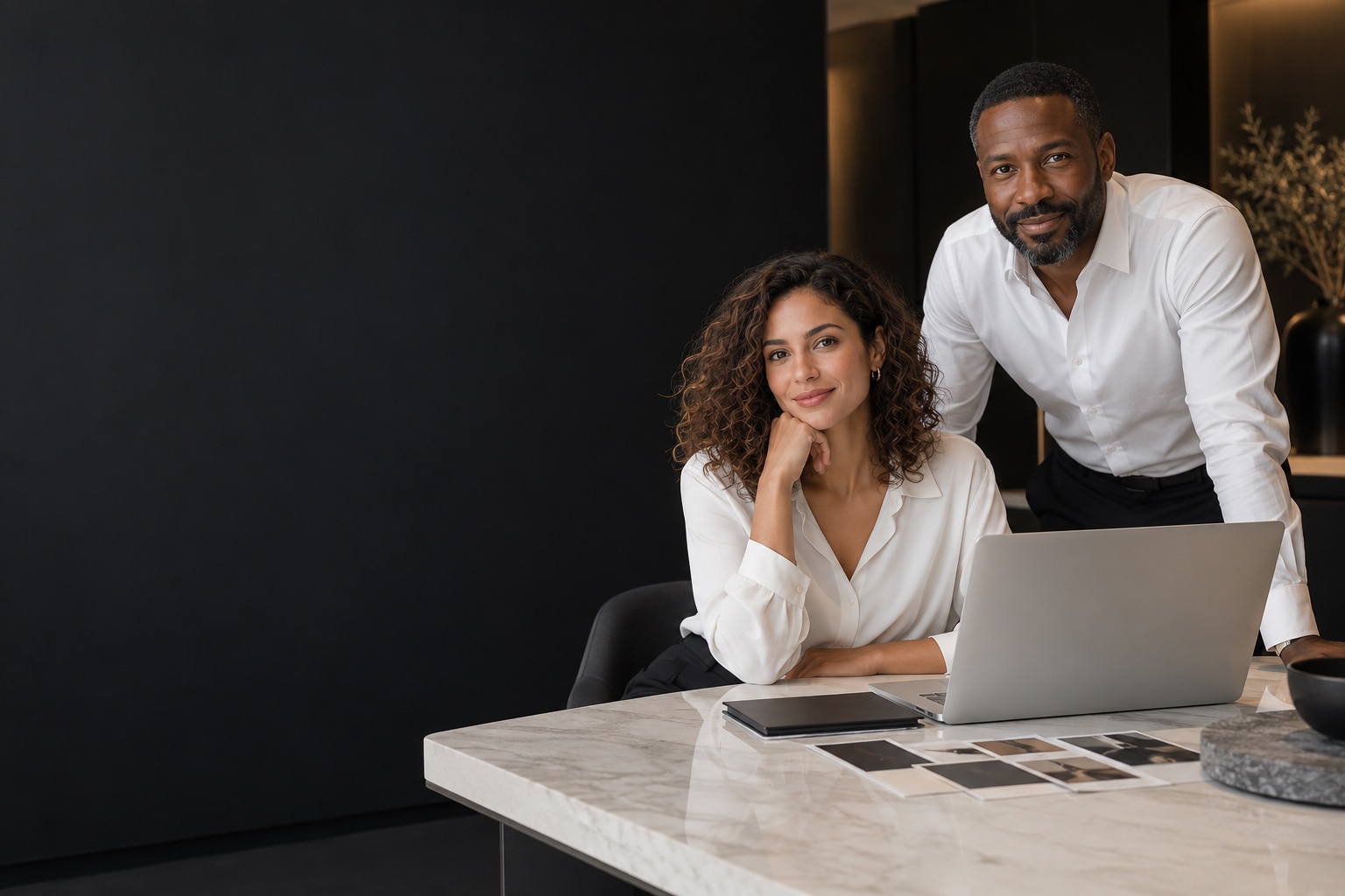 Sales & Marketing — professional in a warm charcoal and white workspace