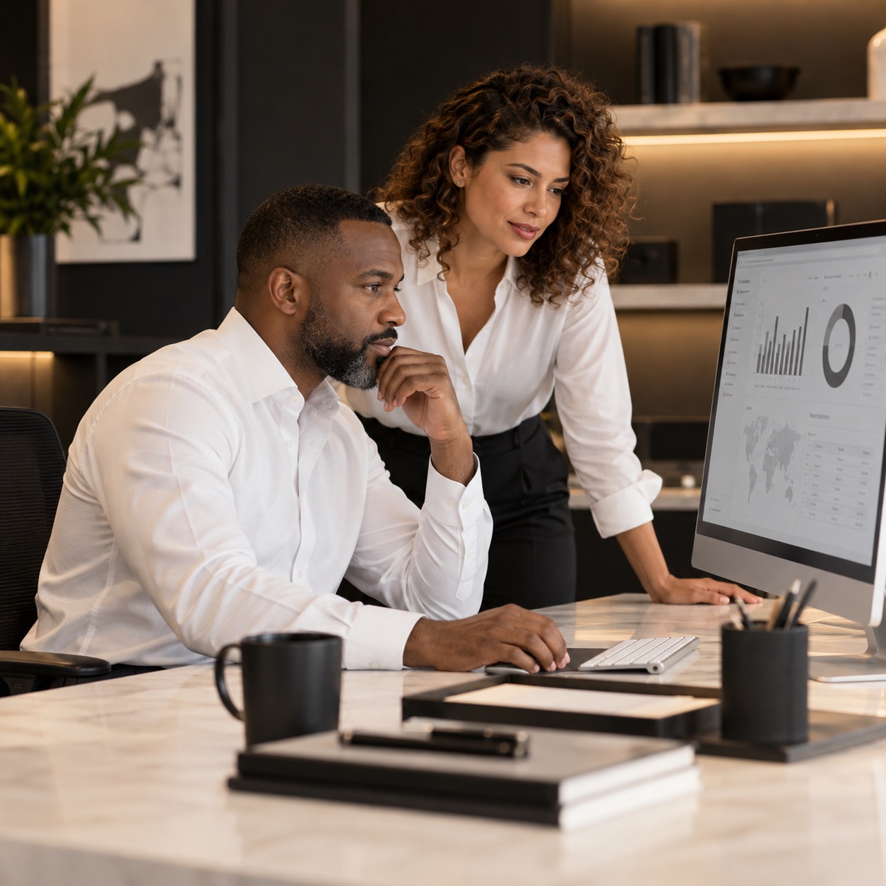 Sales & Marketing — professional service support in a warm charcoal and white workspace