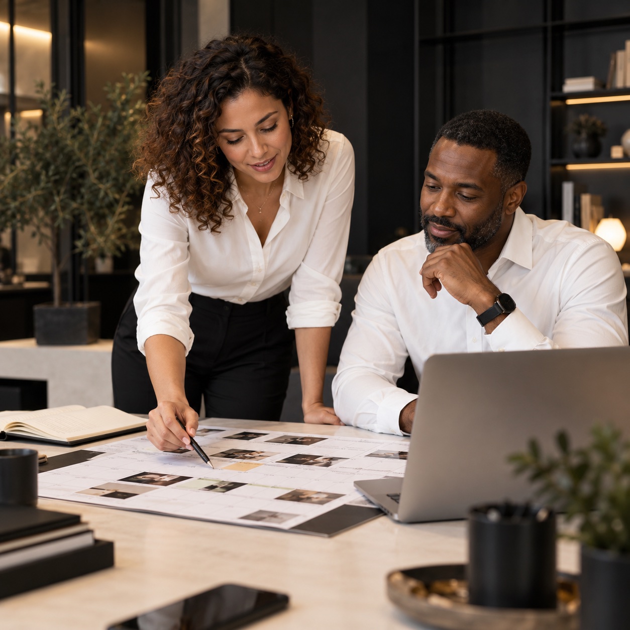 Sales & Marketing — professional service support in a warm charcoal and white workspace