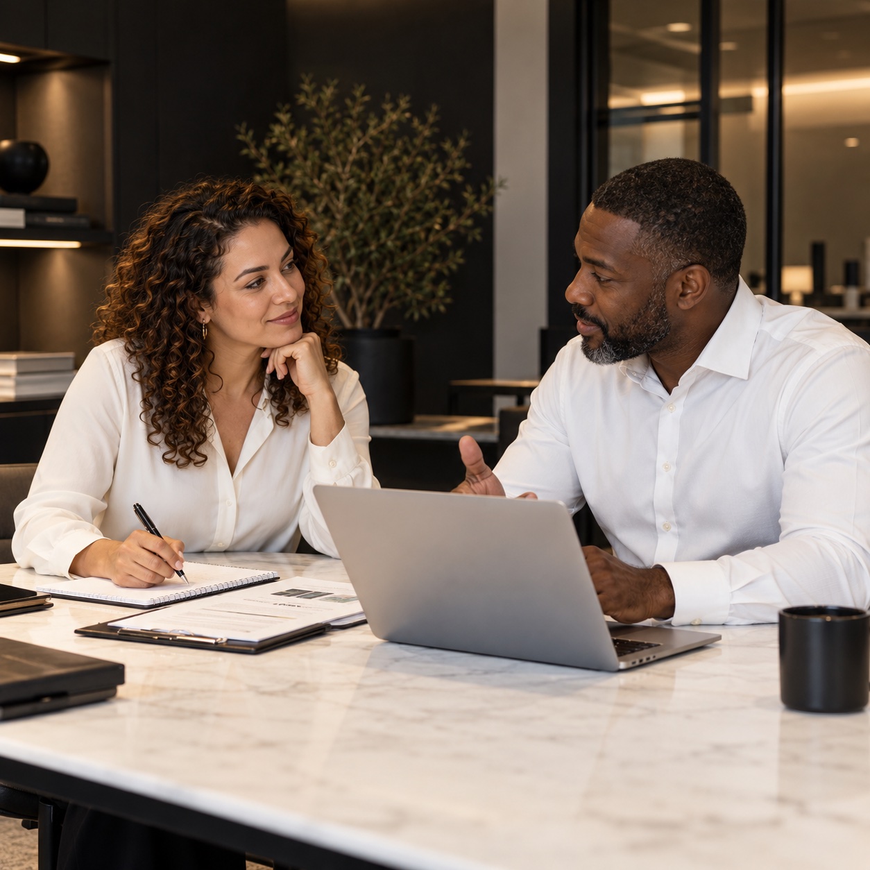Sales & Marketing — professional service support in a warm charcoal and white workspace