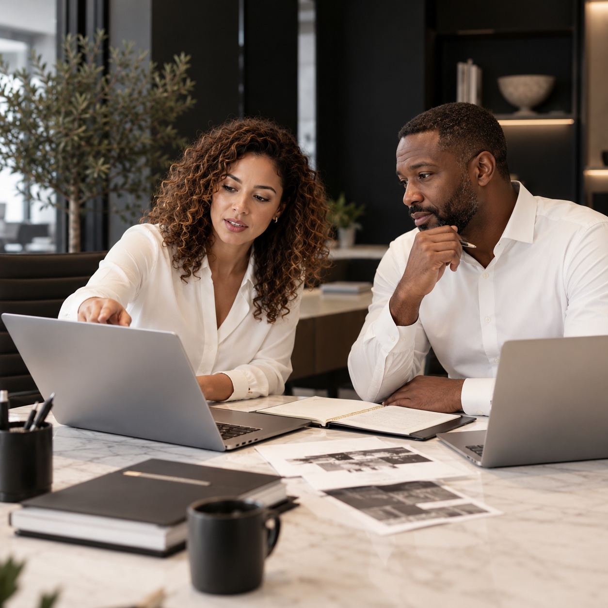 Services — professional service support in a warm charcoal and white workspace