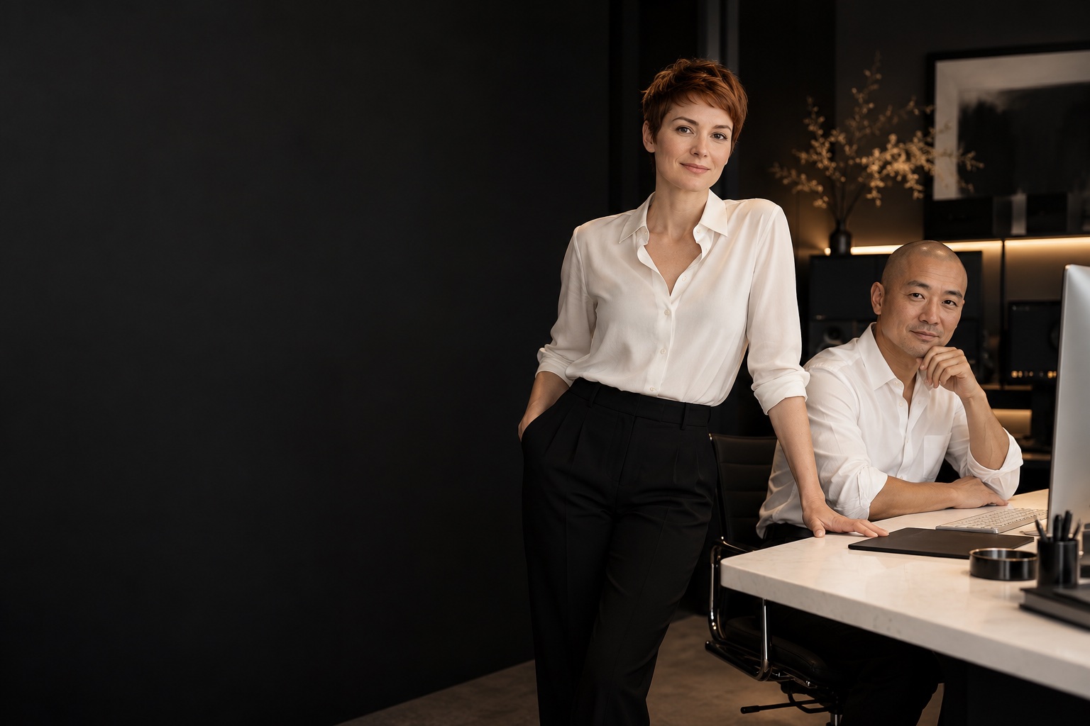 Creative & Production — professional in a warm charcoal and white workspace