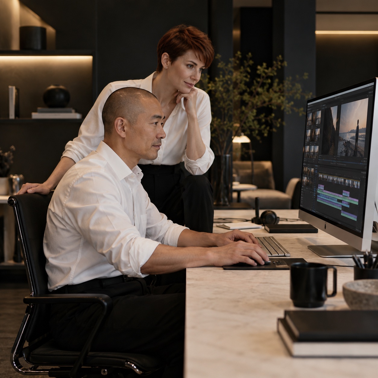 Creative & Production — professional service support in a warm charcoal and white workspace