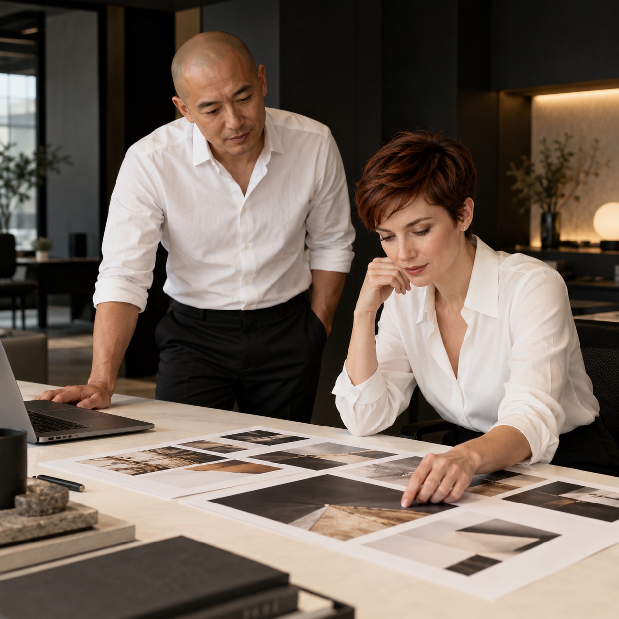 Creative & Production — professional service support in a warm charcoal and white workspace