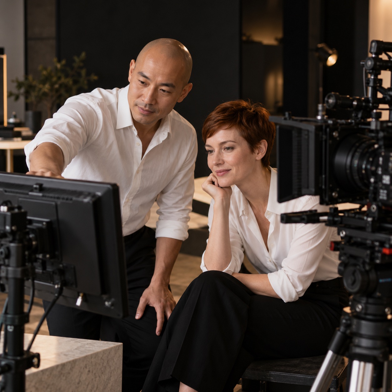 Creative & Production — professional service support in a warm charcoal and white workspace