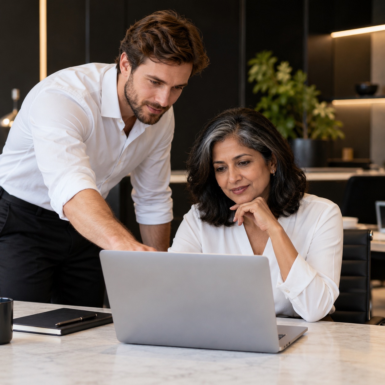 IT & Technical Support — professional service support in a warm charcoal and white workspace