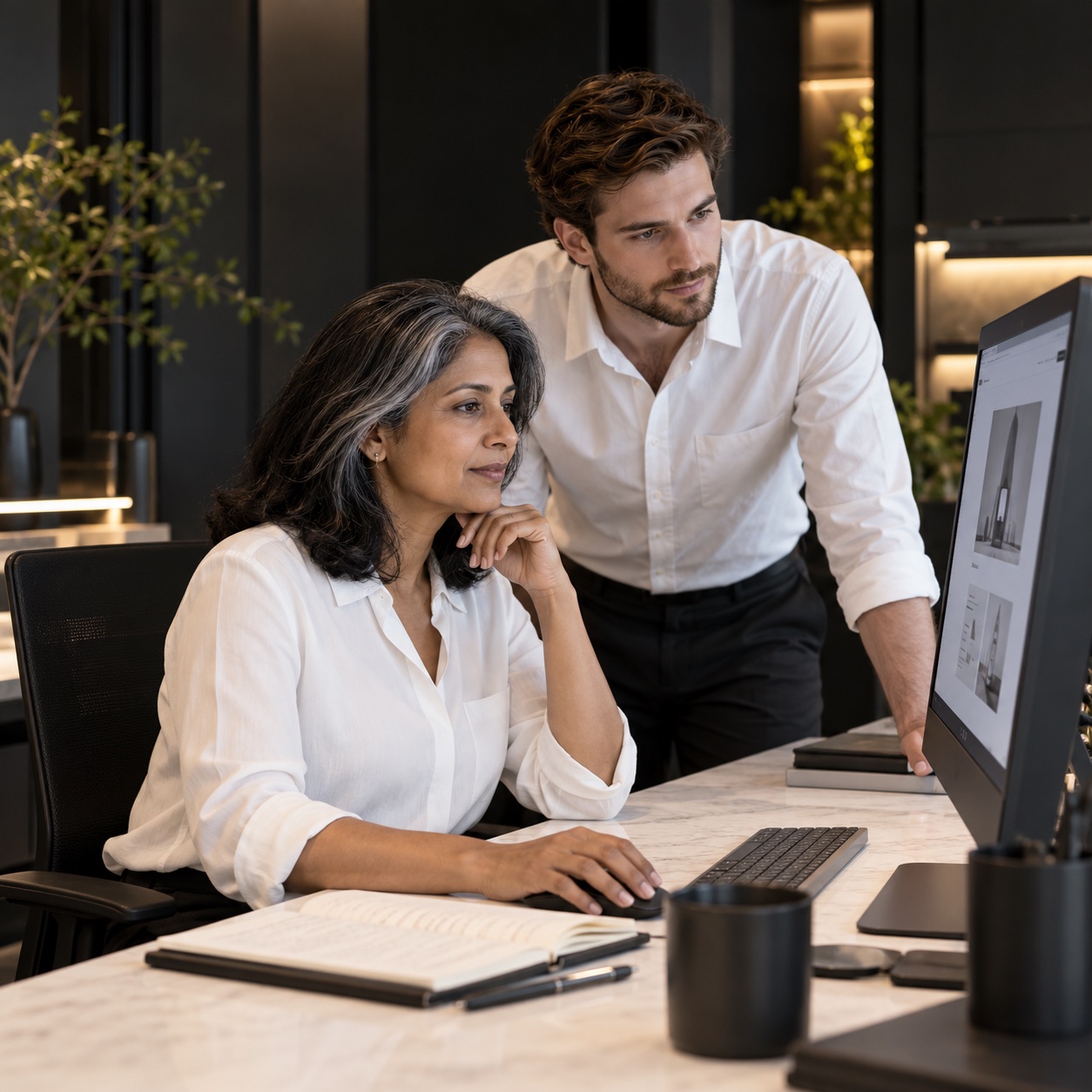 IT & Technical Support — professional service support in a warm charcoal and white workspace