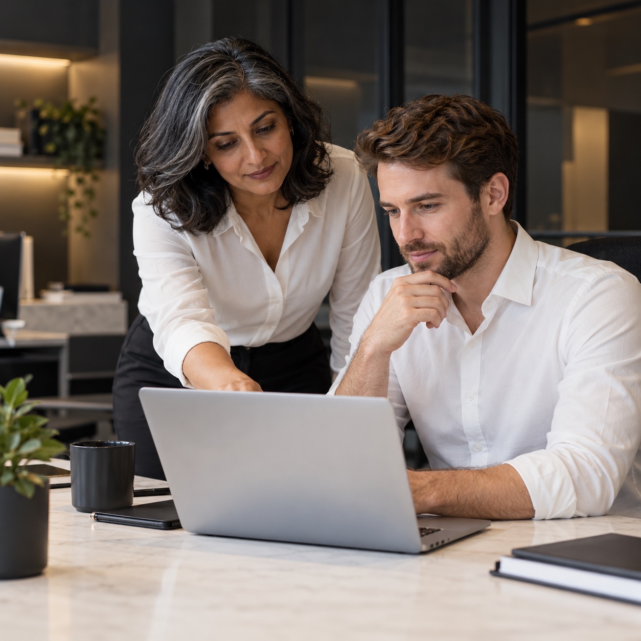 Services — professional service support in a warm charcoal and white workspace