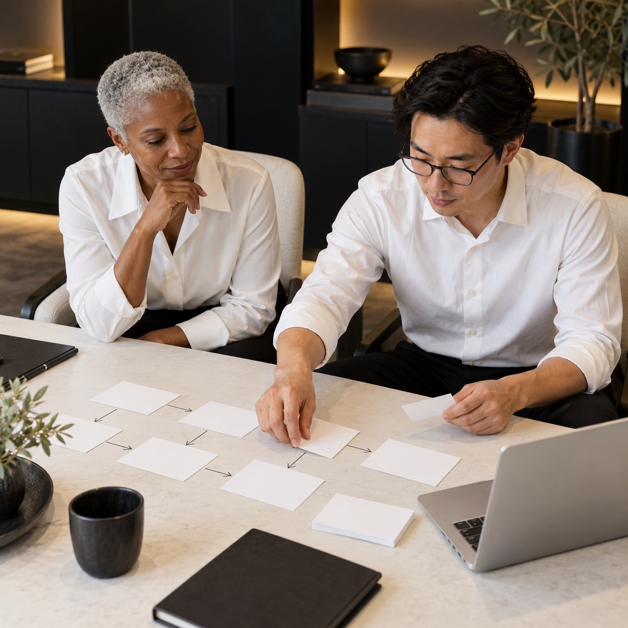AI & Automation — professional service support in a warm charcoal and white workspace