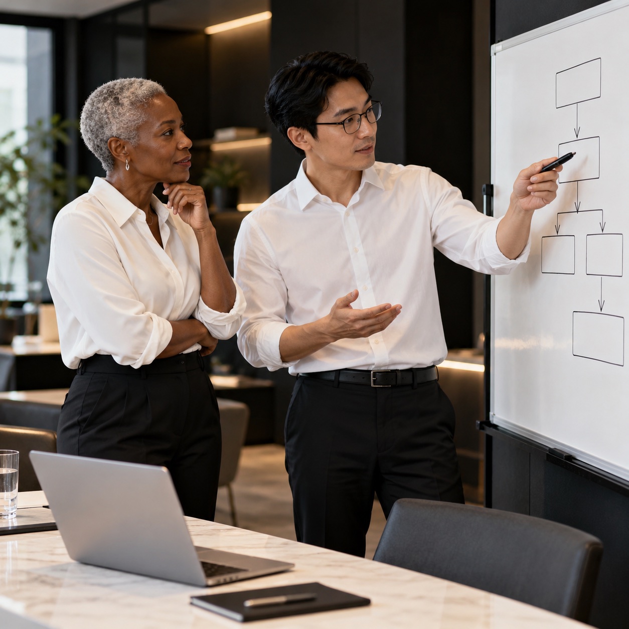 AI & Automation — professional service support in a warm charcoal and white workspace