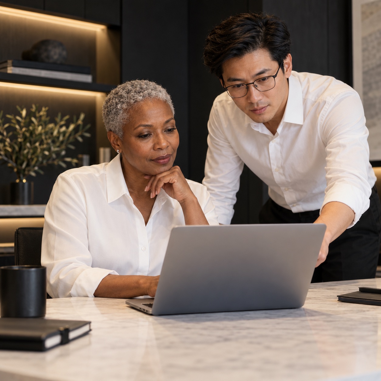 AI & Automation — professional service support in a warm charcoal and white workspace