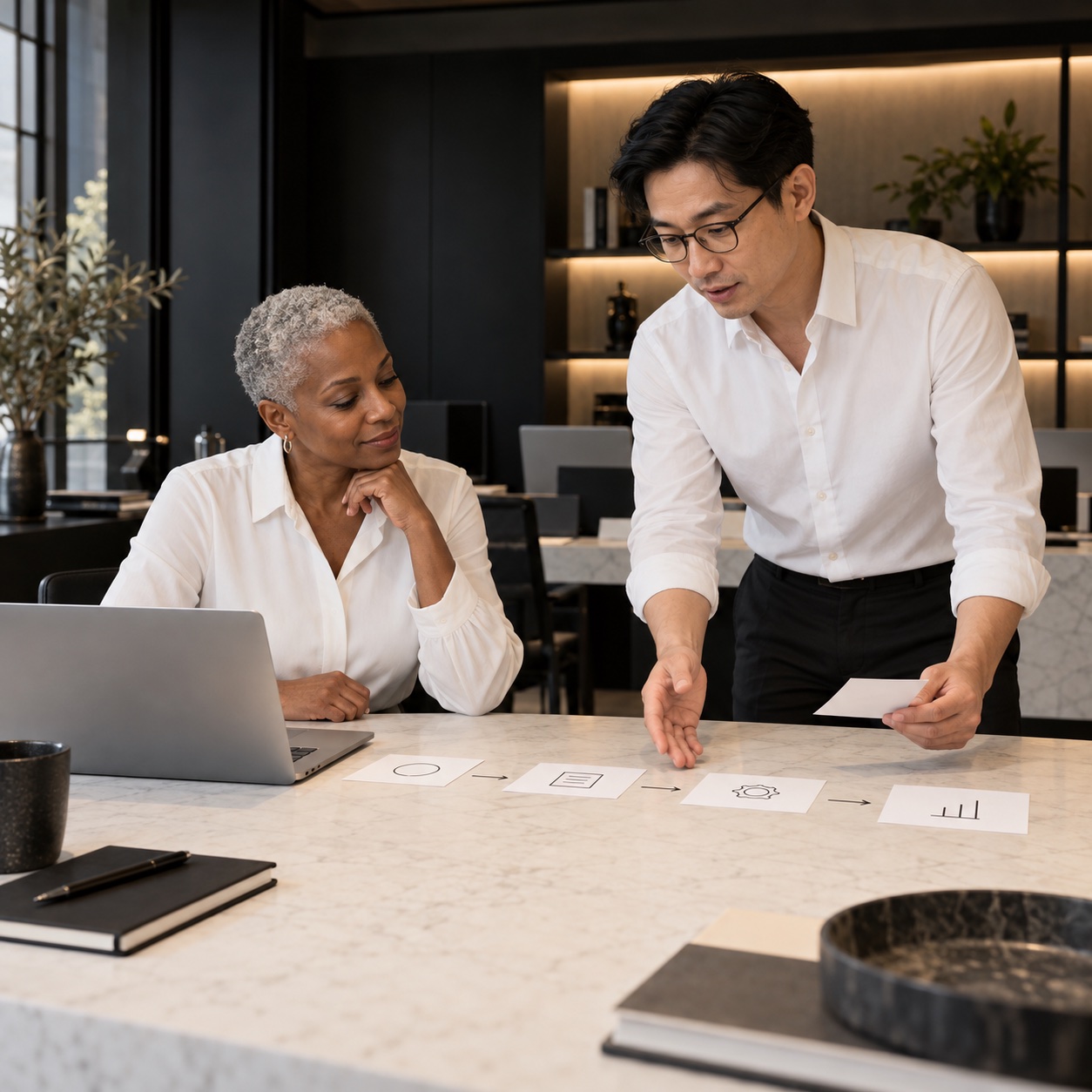 Services — professional service support in a warm charcoal and white workspace