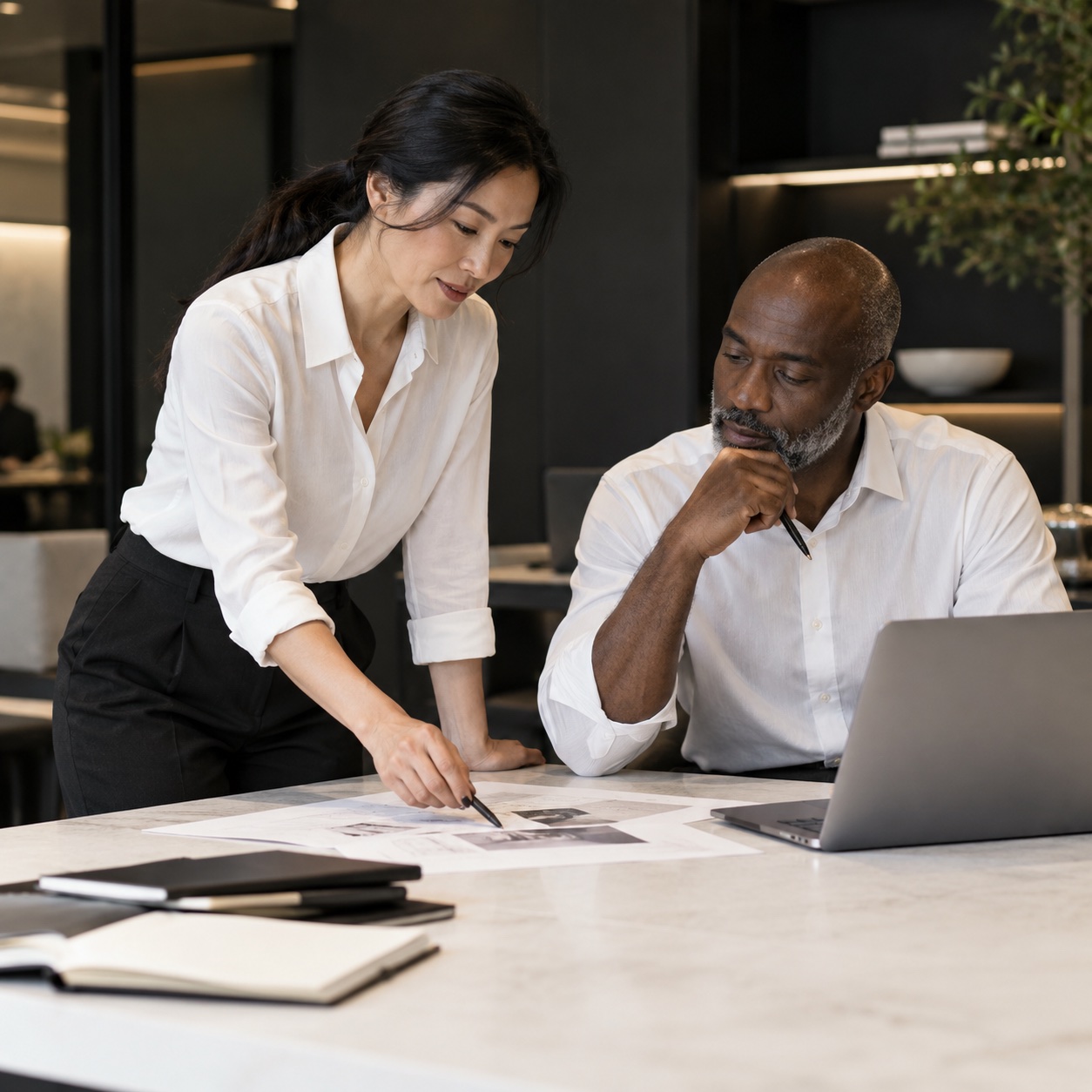 How It Works — professional service support in a warm charcoal and white workspace