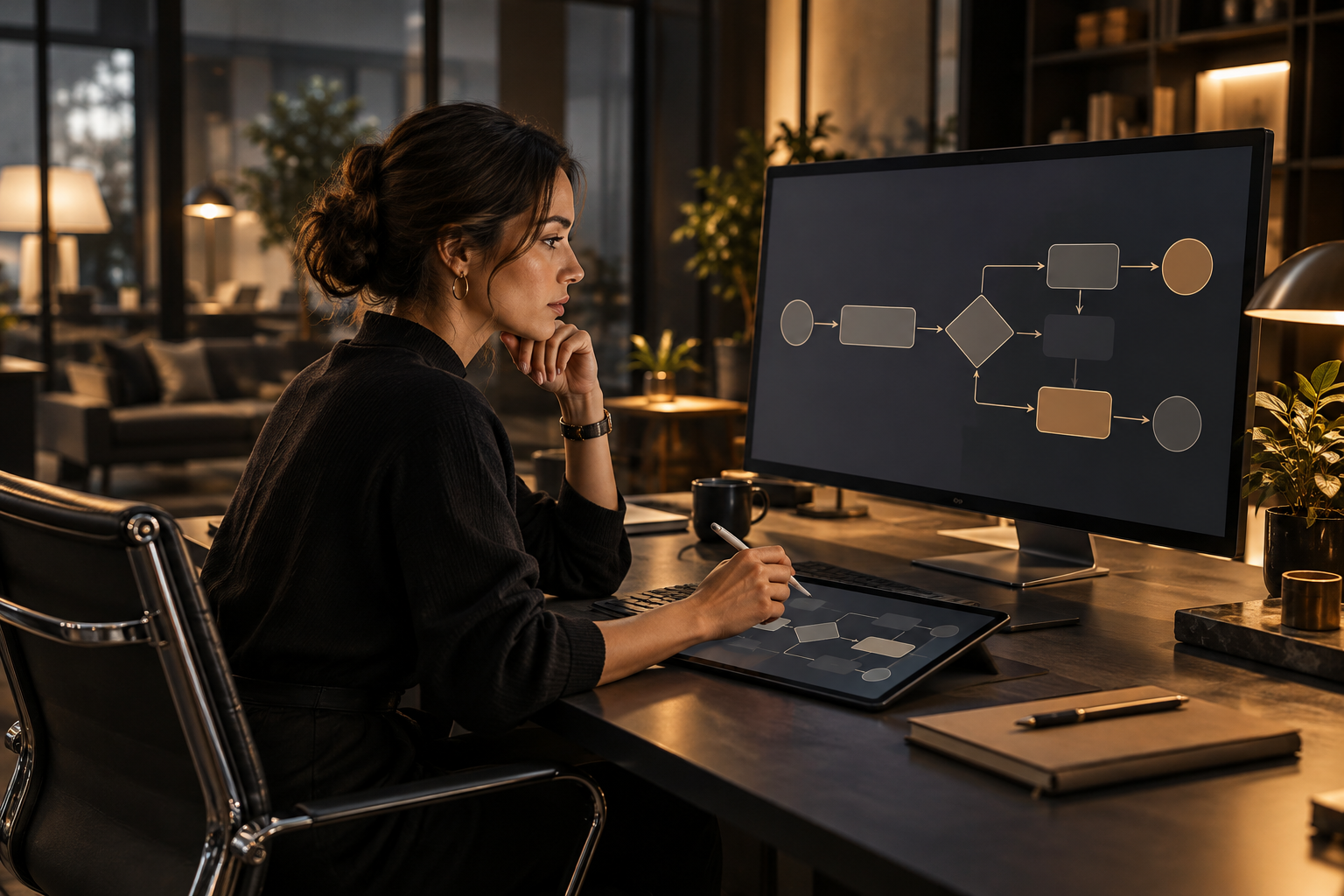 Conceptual artwork of a professional reviewing an abstract workflow on a computer and tablet in a warmly lit charcoal office.