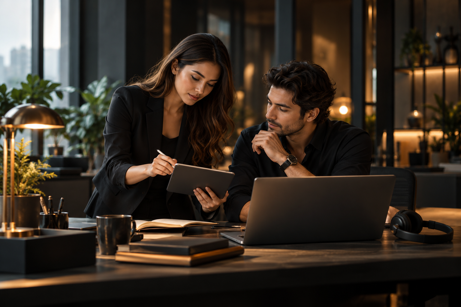 Conceptual artwork of two professionals reviewing a service handoff on a tablet beside a laptop and headset in a warmly lit office.