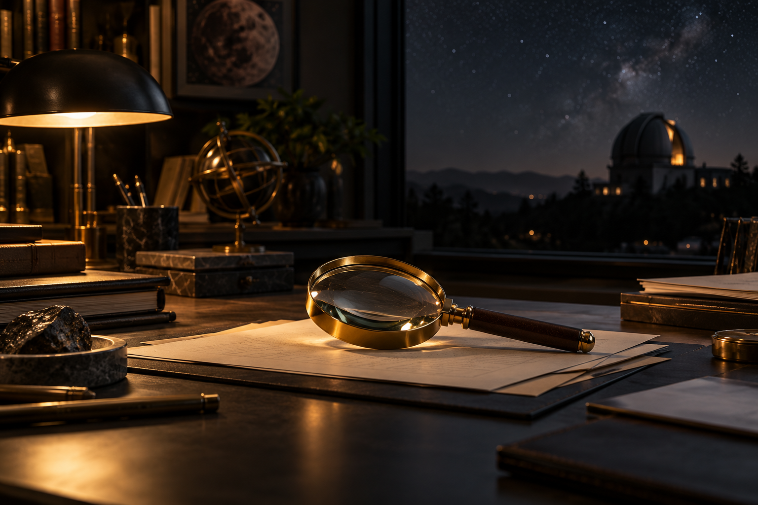 Conceptual artwork of a magnifying lens and research papers on an evidence desk, with an observatory and night sky beyond the window.